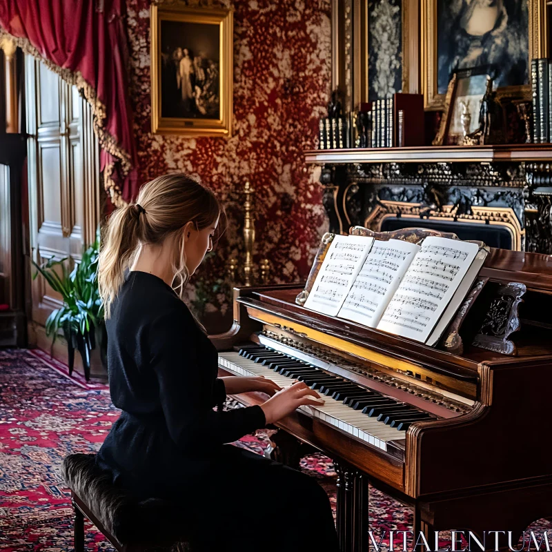 AI ART Elegant Room with Musician Playing Piano