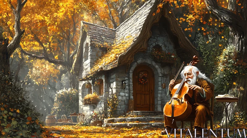 AI ART Autumn Forest Cottage with Cellist