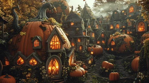 Whimsical Pumpkin Houses in an Autumn Fantasy Village