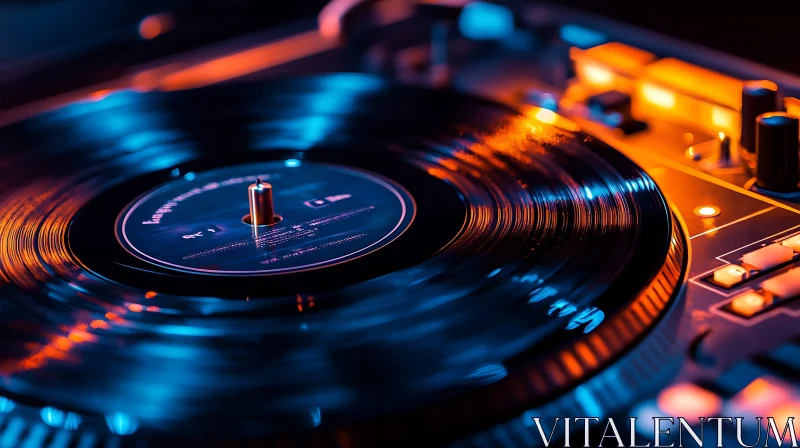 Close-up of Vinyl on Turntable with Blue and Orange Light AI Image