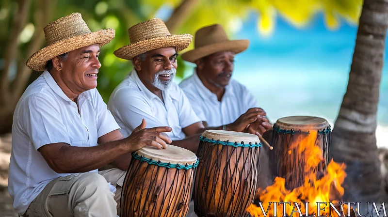 Traditional Beachside Drumming by Elderly Men AI Image