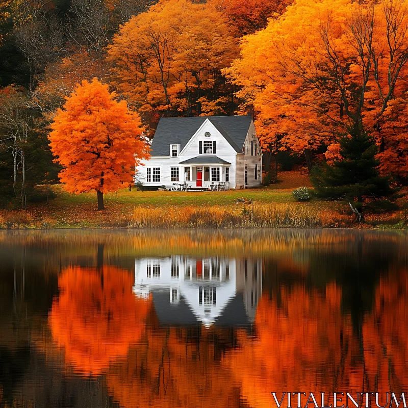 Autumn Scene by Lake with White House AI Image