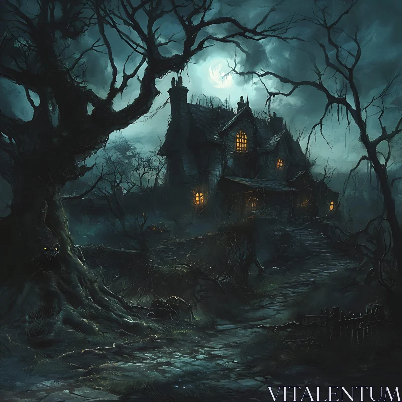 Eerie Haunted House in the Moonlight AI Image