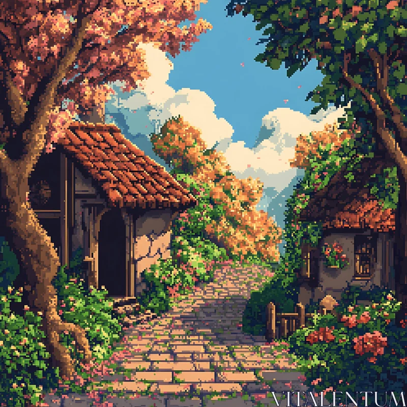 Quaint Village Path in Pixel Art AI Image