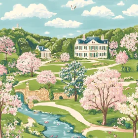 Springtime Garden with Mansions and Blossoming Trees