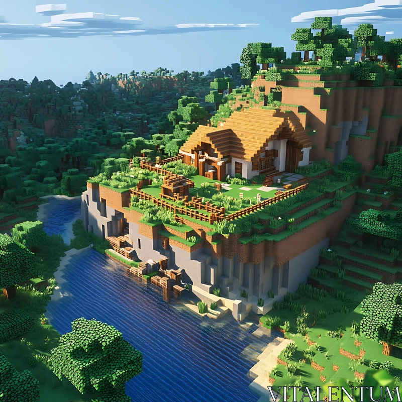 Blocky Landscape with Hilltop Cottage AI Image