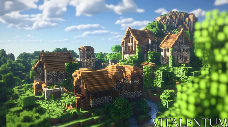 Serene Blocky Village with Traditional Architecture AI Image