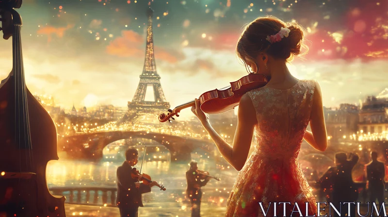 Parisian Musicians Against Eiffel Tower Sunset AI Image