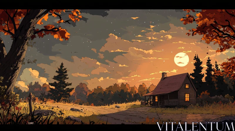 AI ART Tranquil Forest Cabin at Sunset