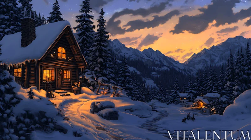 Warm Lights in a Snowy Mountain Cabin AI Image