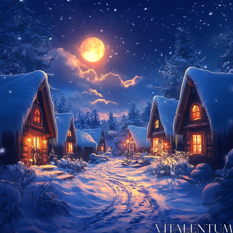 AI ART Peaceful Winter Village at Night