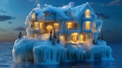 Frozen House Illuminated at Twilight