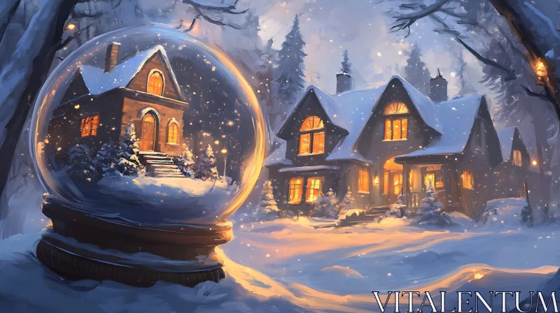 AI ART Serene Winter Cottage in Snow Globe