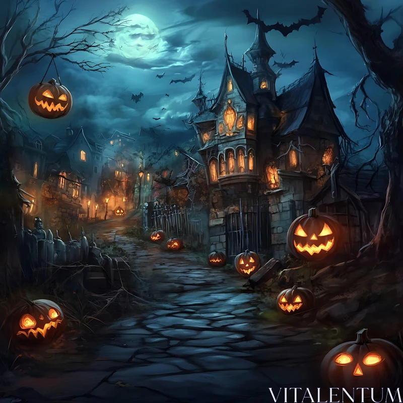 AI ART Spooky Halloween Night with Haunted House and Pumpkins