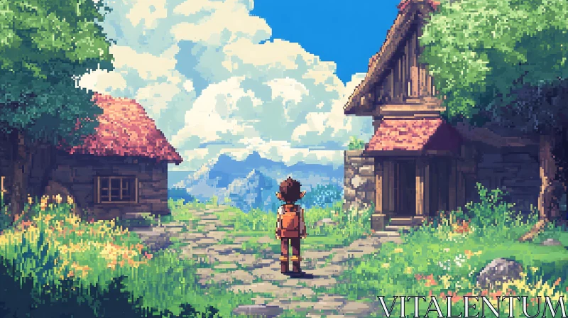 Charming Landscape of Rustic Cabins in Pixel Art AI Image