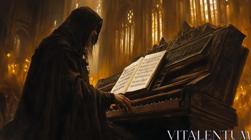 Enigmatic Pianist in Grand Cathedral AI Image