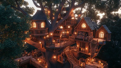 Magical Treehouse with Library and Warm Lighting