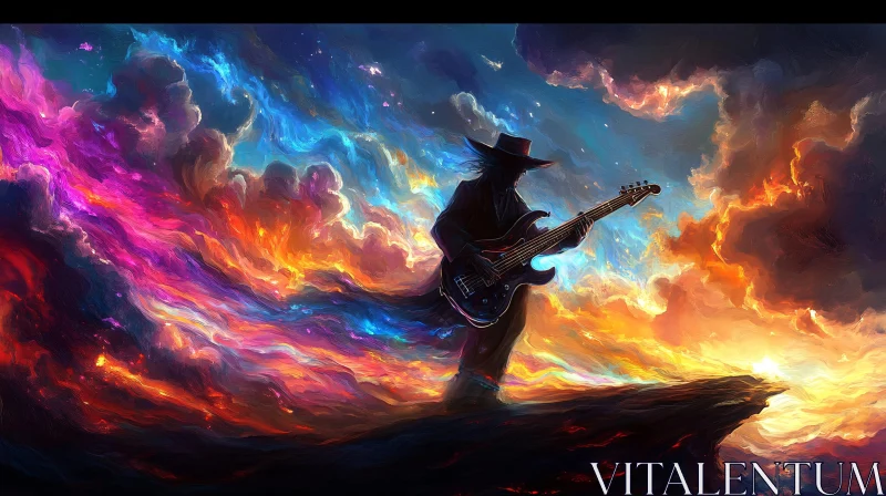 Guitarist in a Surreal Colorful Sky AI Image