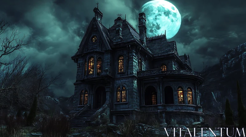 Spooky Gothic House with Moonlit Background AI Image