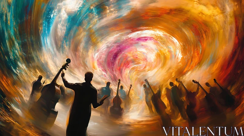 Musicians in Colorful Symphony Swirl AI Image