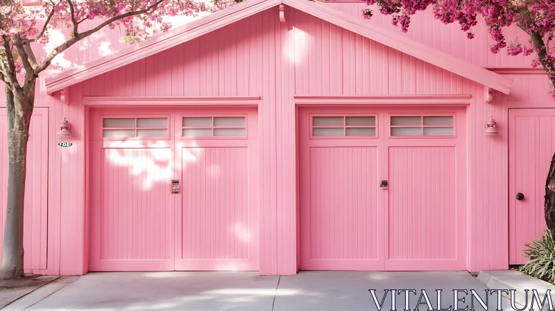 Whimsical Pink House with Garage and Blossoming Trees AI Image