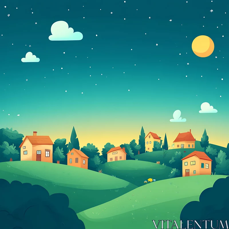 Starry Night Over a Quaint Village AI Image