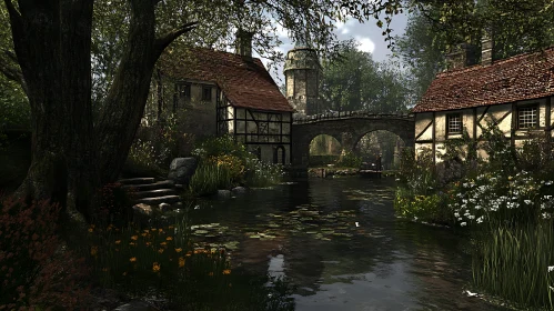 Medieval Stone Bridge and Cottages by a Stream