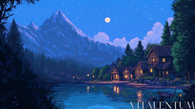 AI ART Peaceful Night by the Lake with Illuminated Cabins