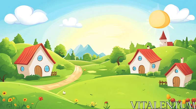 AI ART Sunny Countryside Landscape with Quaint Houses