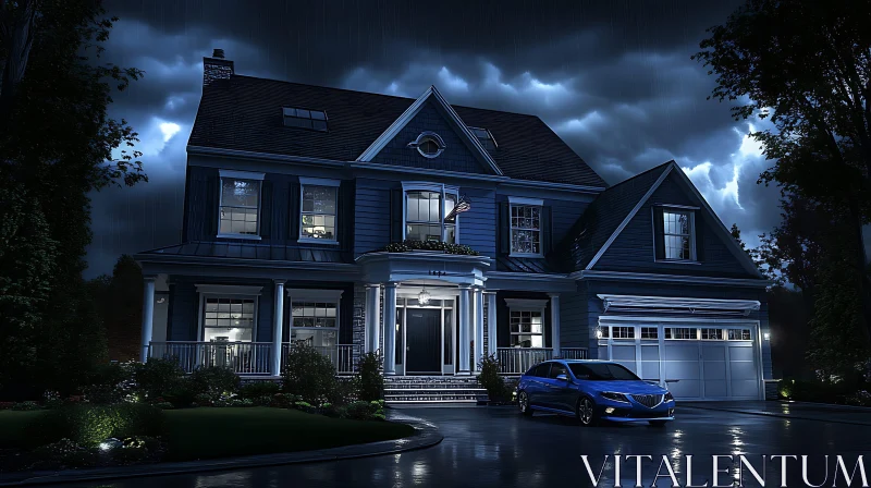 Stormy Night View of a Classic Suburban Home AI Image