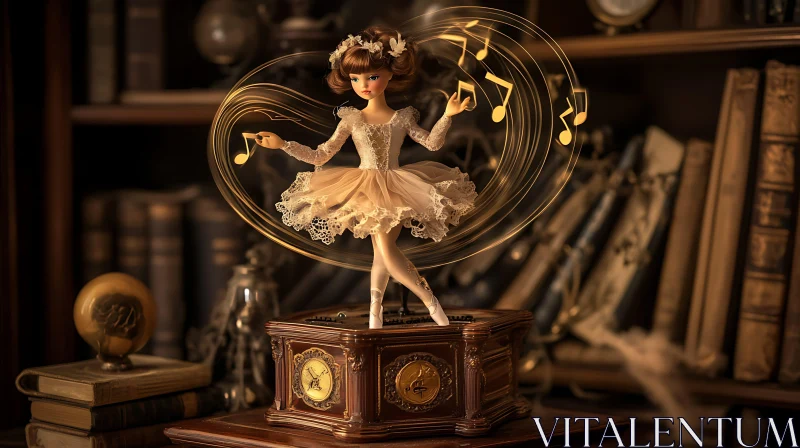 Vintage Ballerina Doll on a Music Box in Antique Setting AI Image