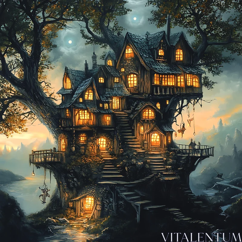 AI ART Fairytale Forest Treehouse at Night