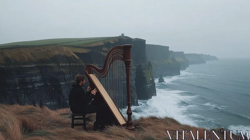 Musician Playing Harp by the Sea AI Image