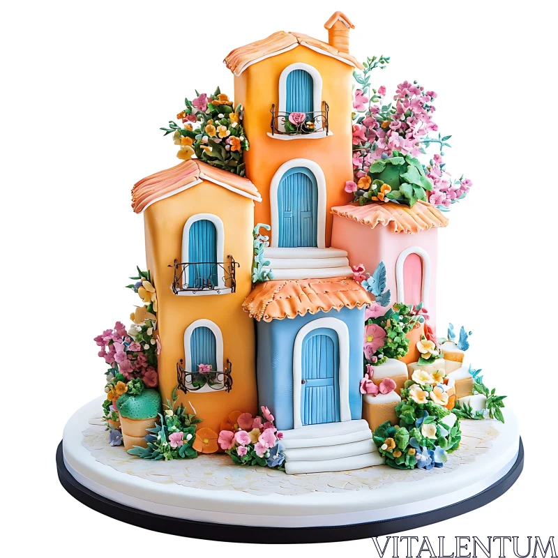 AI ART Whimsical Village Cake with Colorful Decorations