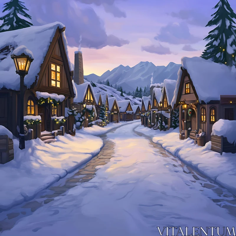 Cozy Village in Snowy Winter Twilight AI Image