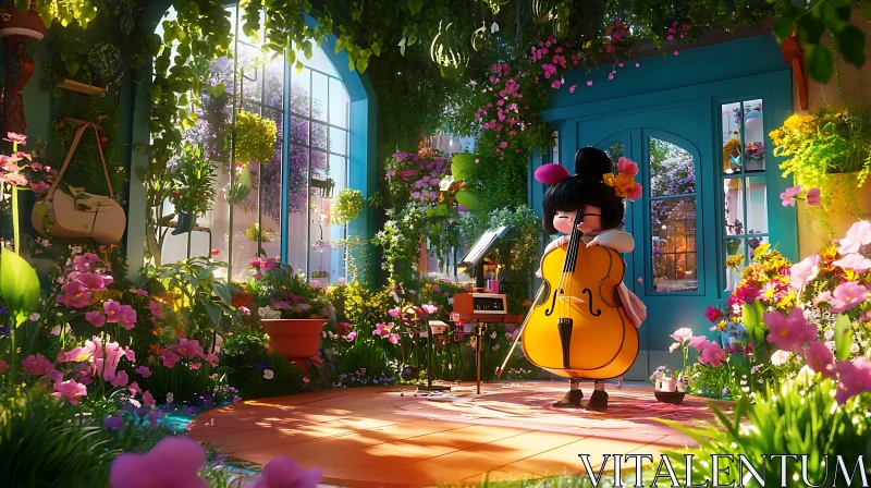 Sunlit Flower Garden with Cellist AI Image