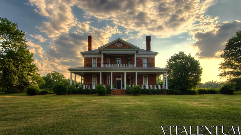 Charming Two-Story Brick House Against a Sunset Sky AI Image