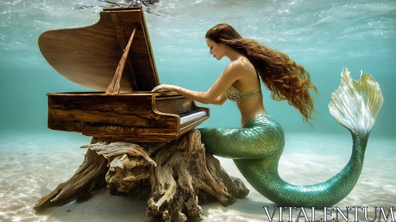 Magical Scene of Mermaid with Piano Underwater AI Image