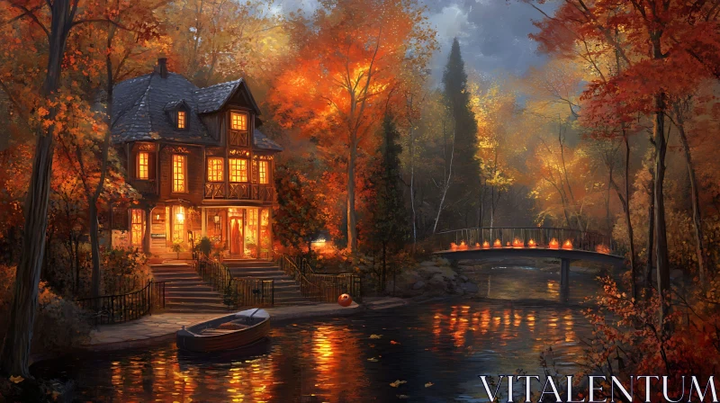 AI ART Cozy Cabin by a Tranquil Autumn Lake