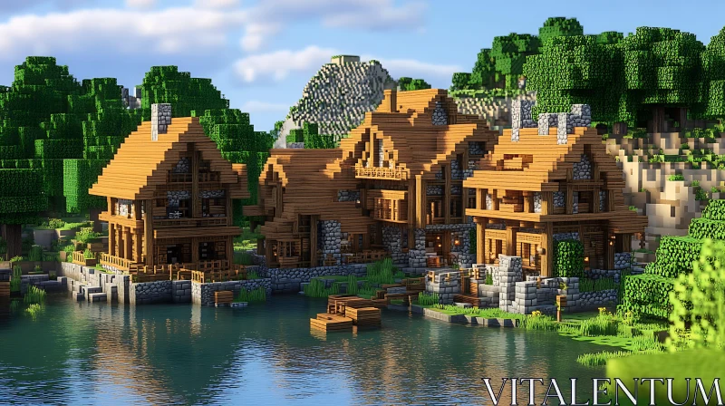 Pixelated Lakeside Village with Wooden Cabins AI Image