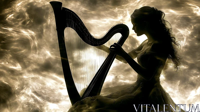 Mystical Harpist Silhouette in Golden Light AI Image