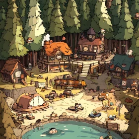 Cartoon Village in a Dense Forest with Playful Characters