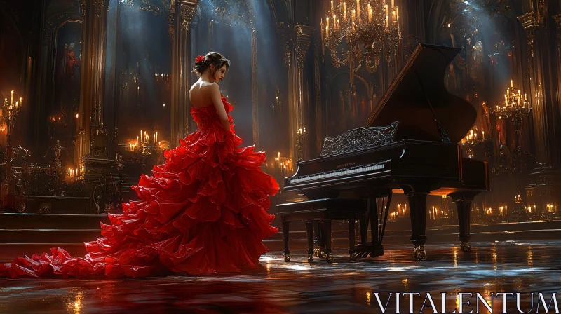 Red Gown Elegance beside Grand Piano AI Image