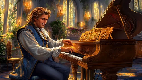 Man in Renaissance Attire Playing Ornate Piano