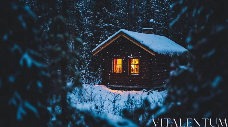 AI ART Snow-Covered Cabin Illuminated in the Night Forest