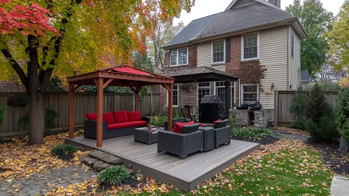 Charming Patio with Red Cushions and Autumn Leaves