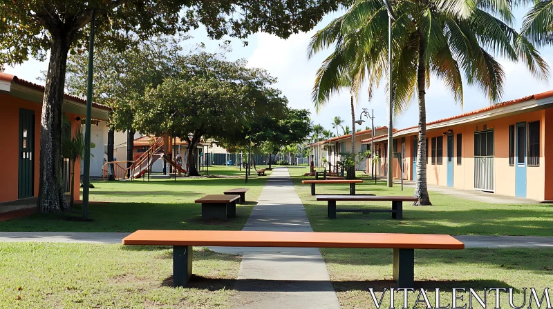 Tranquil Pathway with Benches and Shade AI Image