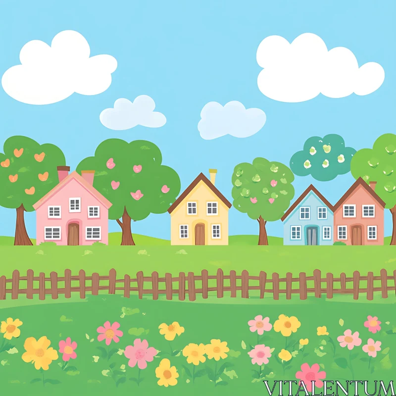 Colorful Houses and Lush Garden Countryside Scene AI Image