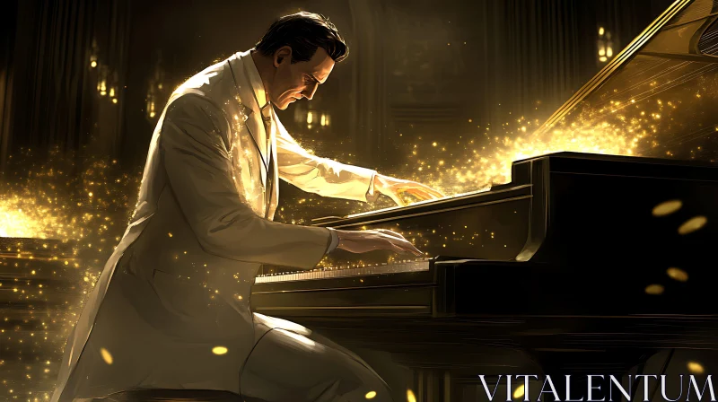 AI ART Pianist Performing Amidst Golden Sparkles