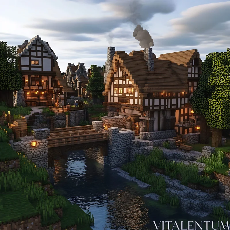 Charming Medieval Style Village Along a Tranquil River AI Image